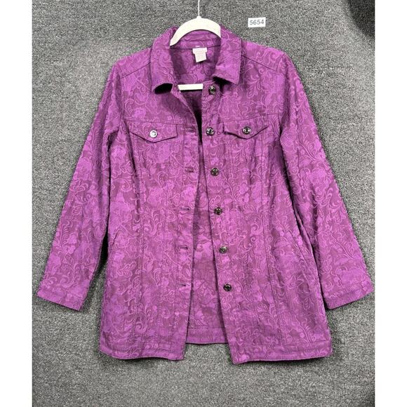 Chico's Elongated Jacquard Jacket Womens Size 0 US 4/6 Purple Long Sleeve Button - Picture 1 of 7